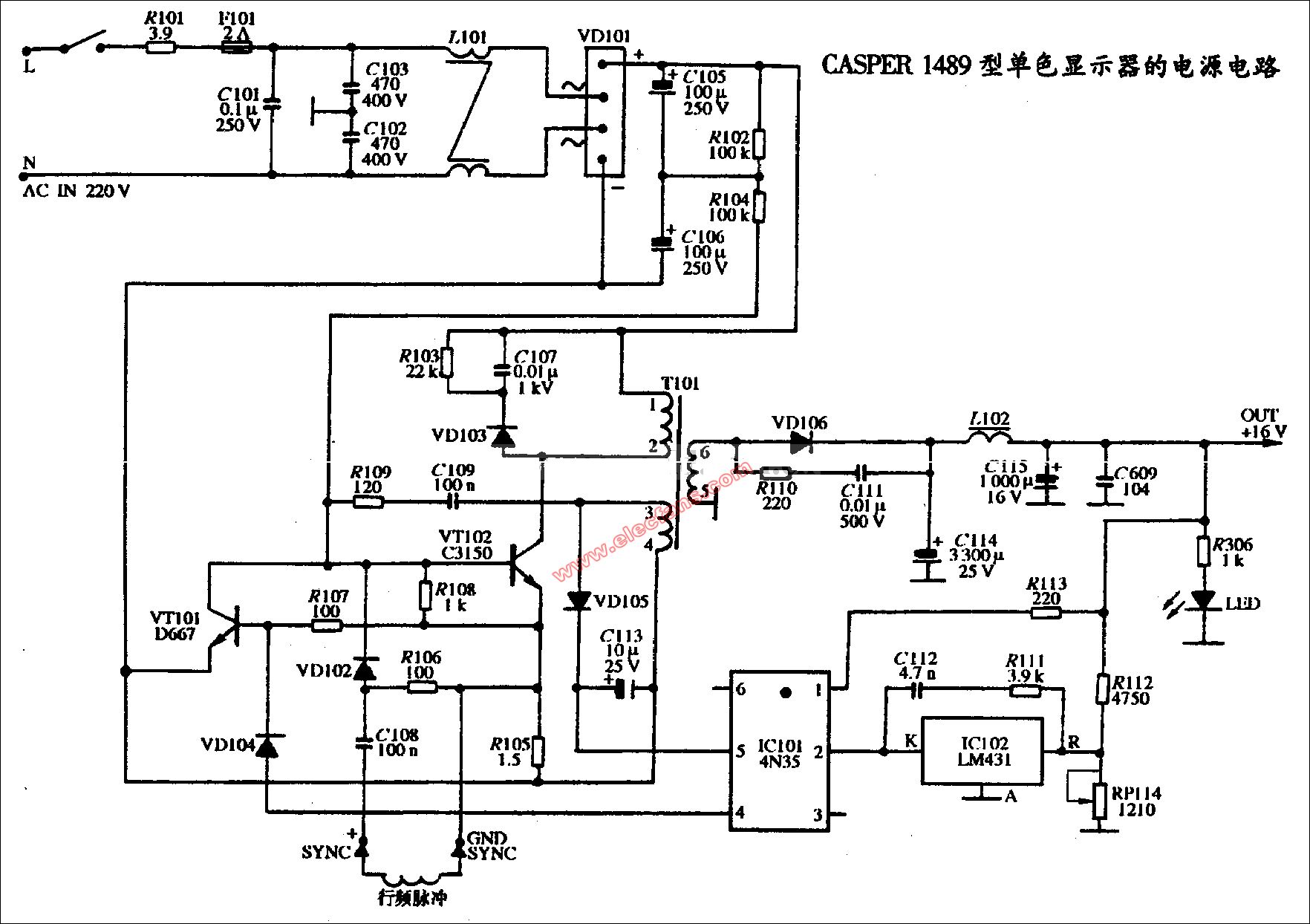 单色显示器CASPER 1489电源电路图,第2张
