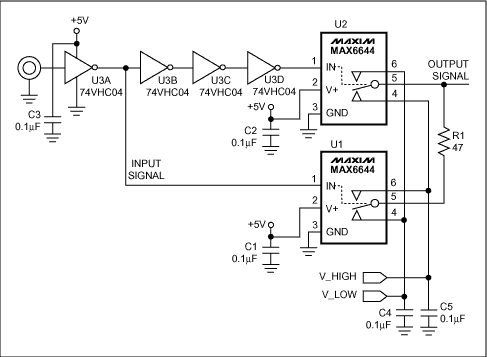 High-Speed Pulse Generator Has,Figure 1. The dynamic pullup and pulldown provided by analog switches at the output of this pulse generator ensures fast rise/fall times.,第2张