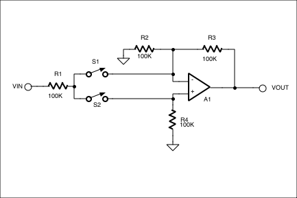 Tech Brief 2: Dual-Polarity Am,Figure 1. When S1 is open and S2 closed, this circuit is an inverting amplifier with a gain of -1. When S1 is closed and S2 opened, the circuit is a noninverting amplifier with a gain of +1.,第3张