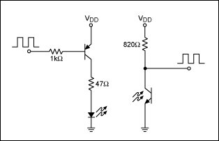 构建基于MAXQ的“学习型”遥控器,图1. 电信号被转换成IR调制光信号，然后又被恢复为电信号。为了扩展发射范围，采用PNP驱动器。根据所选IR LED可以调整元器件值,第2张
