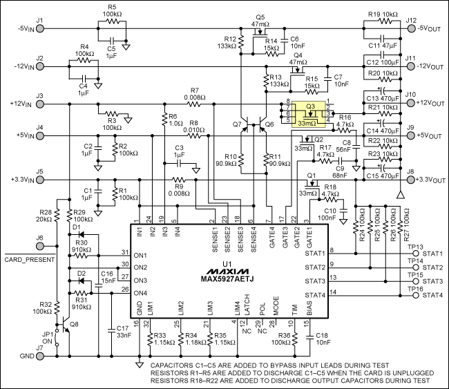 5通道(3路+V和2路-V)热插拔参考设计,图1. 5通道热插拔电路控制3路正电源和2路负电源,第2张