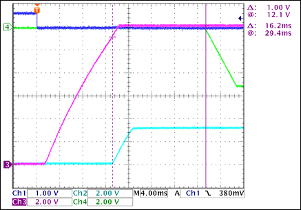 5通道(3路+V和2路-V)热插拔参考设计,图3. +3.3V至-5V接通延时，没有负载Ch1 = Q8BASE, Ch2 = +3.3VOUT, Ch3 = +12VOUT, Ch4 = -5VOUT注释：+3.3VOUT和-5VOUT之间有16.2ms延时。,第4张