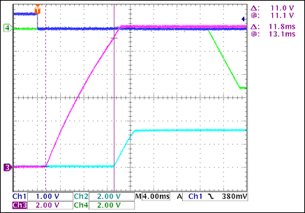 5通道(3路+V和2路-V)热插拔参考设计,图2. +12V至+3.3V接通延时，没有负载Ch1 = Q8BASE(CARD_PRESENT), Ch2 = +3.3VOUT, Ch3 = +12VOUT, Ch4 = -5VOUT注释：+12VOUT和+3.3VOUT之间有11.8ms延时。,第3张