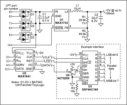 Parallel-Port Interface Powers,Figure 1. To save power, this circuit converts the 5V LPT parallel interface of a laptop computer to a parallel interface operating at a lower voltage.,第1张