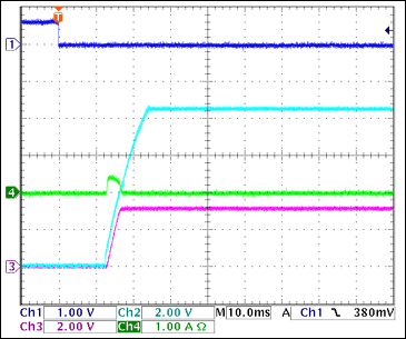 5通道(3路+V和2路-V)热插拔参考设计,图12. +3.3V接通波形，没有负载Ch1 = Q8BASE, Ch2 = +3.3VGATE, Ch3 = +3.3VOUT, Ch4 = IIN(+3.3V) 注释：IIN(PK) = 400mA，对输出电容充电；+3.3V摆率大约为1V/ms。,第13张