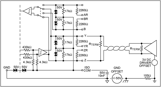 使用MAX3157高电阻RS-485接口收发器,Figure 6. The MAX3157 line interface circuitry without shielded line.,第9张