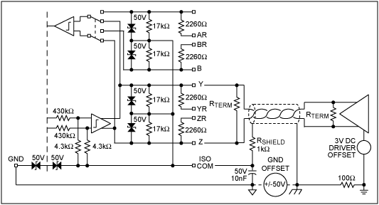 使用MAX3157高电阻RS-485接口收发器,Figure 7. The MAX3157 line interface circuitry with shielded line.,第10张