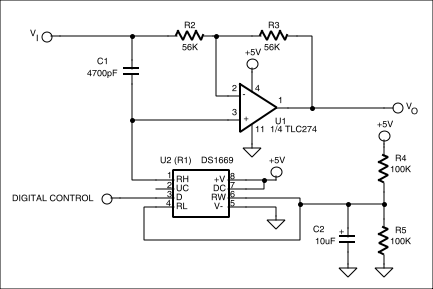 数字控制移相-Digitally Control Phase,Figure 3. Replacing R1 with a digital potentiometer causes the phase shift the circuit realizes to be under digital control.,第7张