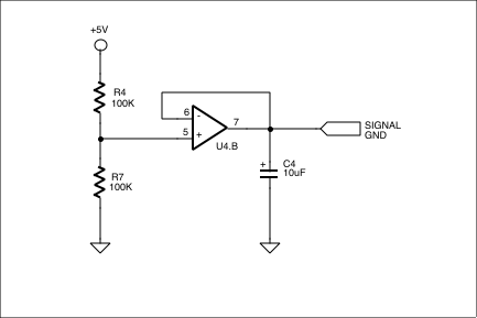 数字控制移相-Digitally Control Phase,Figure 5. Since this is a single-supply circuit, this circuitry creates a virtual, or signal, ground for the rest of the circuitry. U4 is a TLC274 single-supply op amp.,第9张