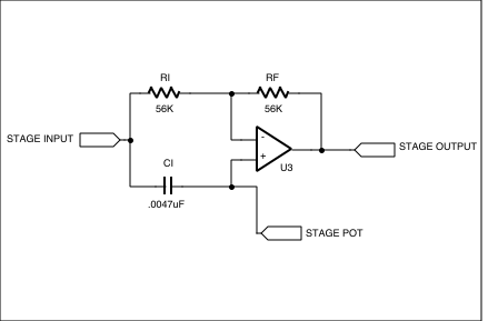 数字控制移相-Digitally Control Phase,Figure 6. One stage (of four) which implements the phase shift. This is the same circuit as Figure 3, but R1 of that circuit is replaced by a section of a hex potentiometer, referred to here as the ,第10张