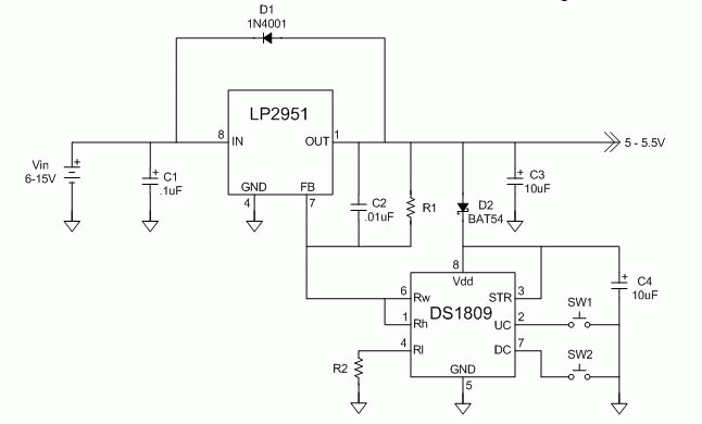 控制变压电源使用DS1809-Controlling a V, Figure 1. Variable Power Supply Circuit, 5.0V To 5.5V Range.,第2张
