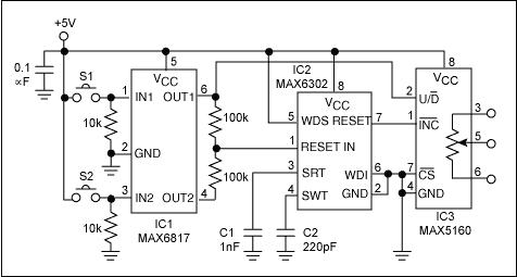 Manually Operated Digital Pote,Figure 1. This circuit provides manual up/down control of a digital potentiometer utilizing two pushbutton switches without using a microcontroller.,第2张