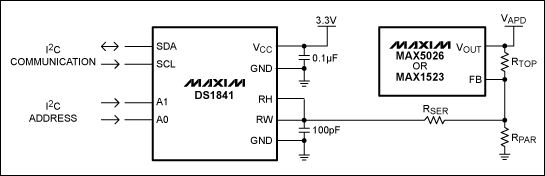 利用DS1841对数电阻优化雪崩光电二极管(APD)的偏置范,图1. 利用DS1841和升压型DC-DC转换器(此处为MAX5026或MAX1523)构成的APD偏置电路,第2张