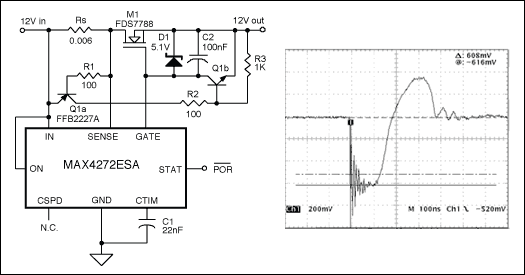 尽量减少短路电流脉冲的热插拔控制器-Minimize Sho,Figure 3. Hot-swap controller with fast limiting of short-circuit current peaks, and short-circuit waveform. ,第4张