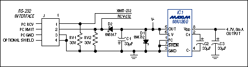 电荷泵服务的便携式设计-Charge Pumps Shine,Figure 14. Operating in a voltage-doubler mode, this charge pump converts a negative input voltage (from the TX line of an RS-232 port) to a semi-regulated 5V output at 8mA.,第15张