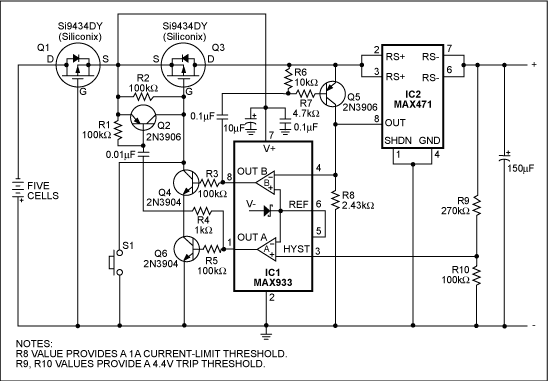 超载保护电路电池和电源-Overload Circuitry,Figure 2. This circuit blocks the effect of a reversed-polarity battery or short-circuited load. R1 sets the current-limit threshold.,第3张