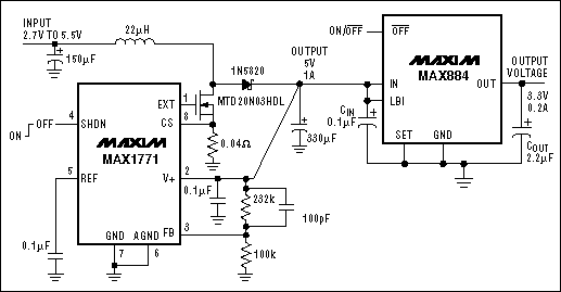 电力保护3V5V双电源系统-Power Conservat,Figure 2. This combination produces 5V and 3.3V regulated outputs by stepping up with a switcher and down with a linear regulator.,第3张