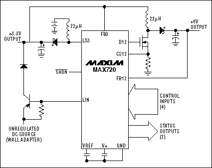 电力保护3V5V双电源系统-Power Conservat,Figure 3. A single-IC dual-output step-up switching regulator produces 3.3V and 5V outputs.,第4张