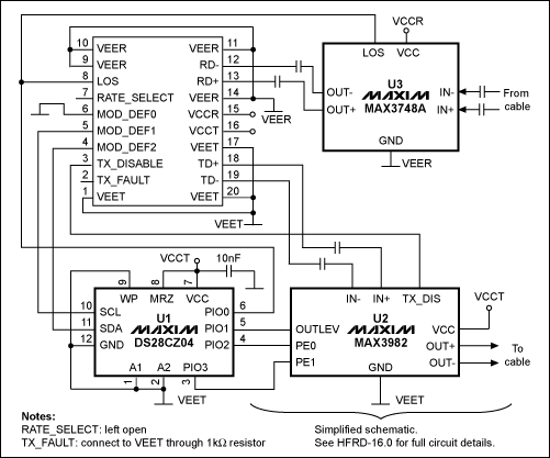DS28CZ04在铜缆传输SFP中的装配,图1.  DS28CZ04用于有源铜缆SFP组件的简化框图,第2张