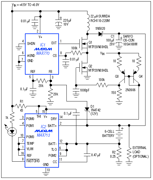 Quick-Charge IC Routes Step-Up,Figure 1. A step-up switching regulator (IC1) and fast-charge controller (IC2) charge multi-cell batteries with speed and efficiency.,第2张
