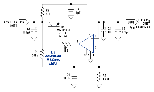 低噪声音频电源电路-Low Noise Audio Powe,Figure 1. This compact circuit actively compensates for power-supply ripple and noise, providing 40dB of attenuation in the 100Hz to 20kHz audio band.,第2张