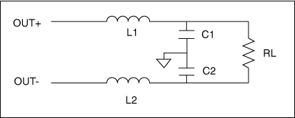 Class D Audio Amplifier Output,Figure 4. At the cost of additional components, a balanced 2-pole filter (the recommended approach) is effective in reducing EMI emissions. Each inductor value is half that of Figure 3. (See the text, and Figures 5 and 6.),第5张