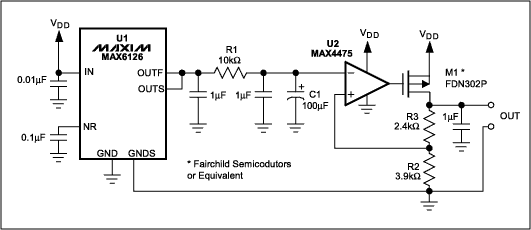 Ultra-Low-Noise LDO Achieves 6,Figure 1. This ultra-low-noise LDO, the MAX6126, combines low-noise components with filtering to achieve an output noise floor of 6nV/square root Hz.,第4张
