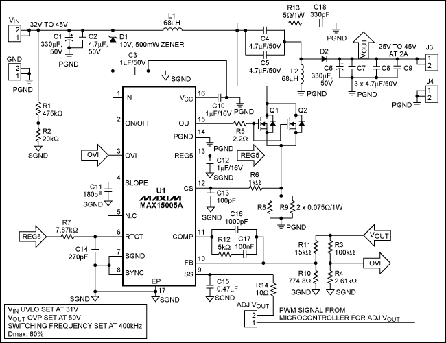 确保打印头电源动态输出电压的参考设计,Reference D,Figure 1. Schematic of the MAX15005A SEPIC converter for FSW = 400kHz.,第2张