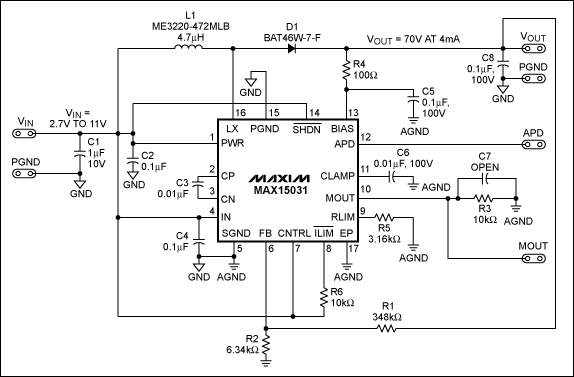 雪崩光电二极管(APD)偏置电源及其电流监测,图1. MAX15031升压转换器原理图，FSW = 400kHz (固定)。,第2张