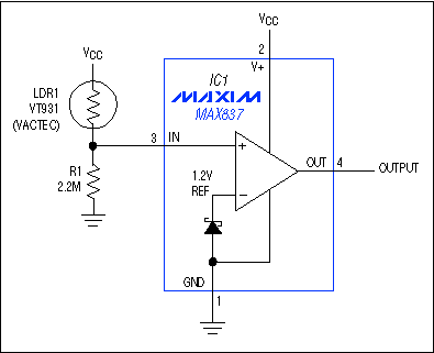 耗电不到10&micro;A、带有逻辑输出的微型光传感器,图1. 这个光传感器在光强超过由R1取值决定的水平时给出一个由低到高的输出跳变,第2张