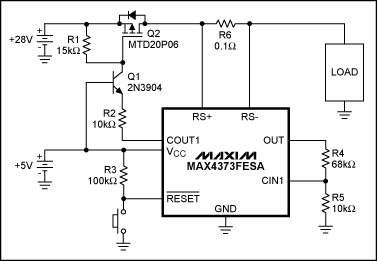 High-Side Current Amplifier Fo,Figure 1. The NPN transistor, Q1, extends the output swing of the comparator output, COUT1, in this circuit breaker.,第2张