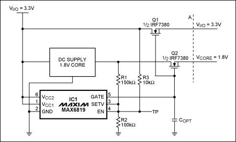 Sequencing Circuit Provides Ps,Figure 2. A voltage sequencer (the MAX6819) forces the core and I/O voltages to track by controlling the n-channel MOSFETs simultaneously.,第4张
