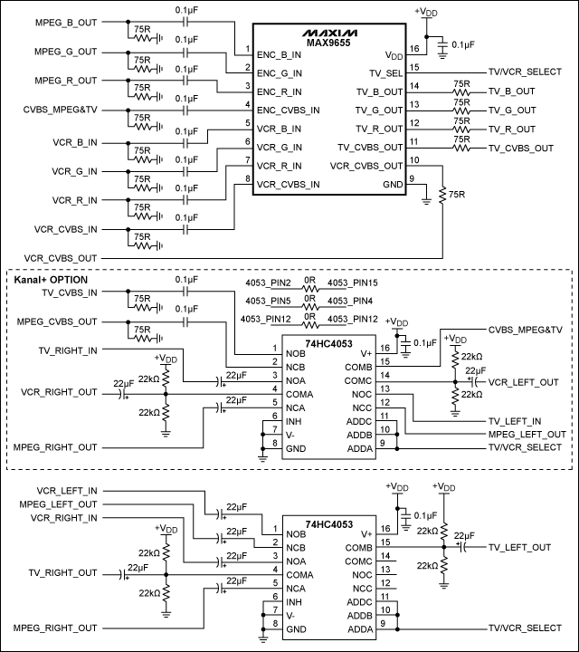 Low-Cost, Dual SCART Solution,Figure 4. Schematics for the dual scart switch with Kanal+ support in Figure 2.,第5张