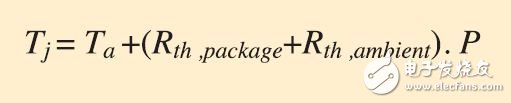 利用CRC和其他类型的错误检测和纠正措施扩展FPGA的工作温度范围,图 3 - 环境温度与结温之间的关系。其中 Tj 代表结温，Ta 代表环境温度，Rth、package 代表结点与封装外表面间的热阻，Rth、ambient 代表封装外表面和环境空气间的热阻（如果没有散热器或空气流时为 0）且 P 为器件耗散的功率。,第3张