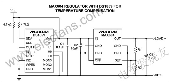 基于DS1859双通道可变电阻和MAX604的补偿稳压器温漂,MAX604温度补偿电路 www.elecfans.com,第3张