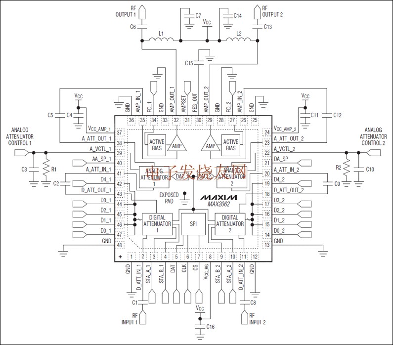 MAX2062高线性度、可串行并行控制的双通模拟数字VG,MAX2062高线性度、可串行/并行控制的双通模拟/数字VGA  www.elecfans.com,第2张