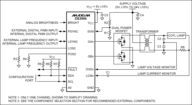确定DS3xxx CCFL控制器的LCM和OVD门限,图1. 每个通道驱动一个灯管的典型工作电路,第2张