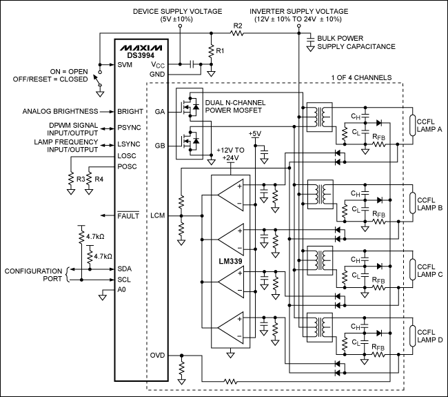 确定DS3xxx CCFL控制器的LCM和OVD门限,图2. 每个通道驱动多个灯管的典型工作电路,第3张