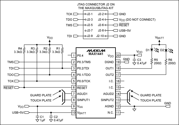 Programming the MAX1441 with a,Figure 1. JTAG interface connections between a MAX1441 application circuit and the MAXQUSBJTAG-KIT board.,第2张