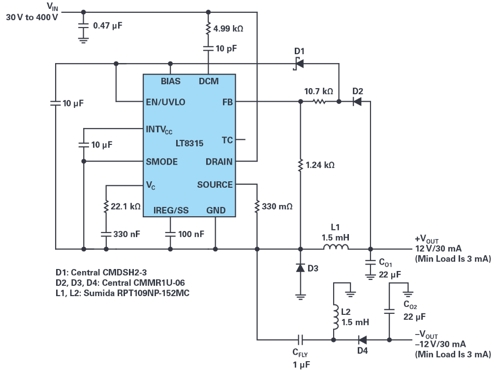 采用单个IC从30 V至400 V输入产生隔离或非隔离±12 V输出,采用单个IC从30 V至400 V输入产生隔离或非隔离±12 V输出,第4张