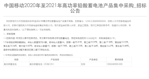 中国移动正式发布2020-2021年高功率铅酸蓄电池产品采购招标公告,中国移动正式发布2020-2021年高功率铅酸蓄电池产品采购招标公告,第2张