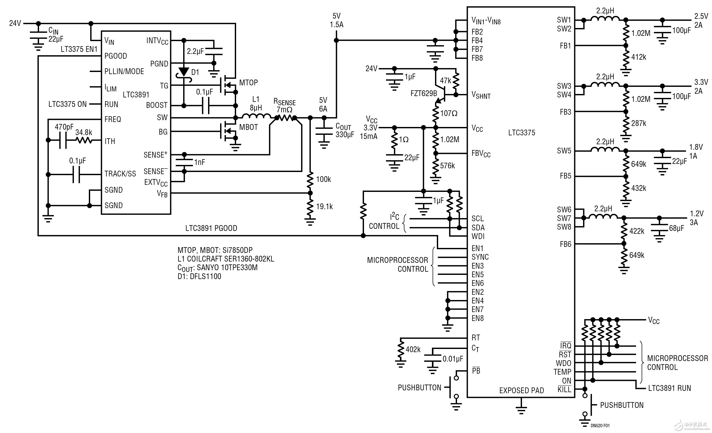 通用型工业电源可采用高电压输入，并产生从8个1A到2个4A的输出,图1 具有可通过按钮控制上游 HV 降压转换器和始终保持接通之LDO的低电压电源,第3张