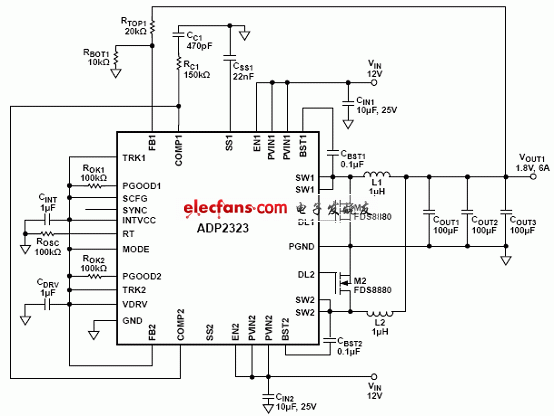 ADP2323双输出降压电源解决方案,ADP2323并联单输出应用电路图,第5张