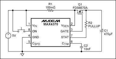 集成电路热插拔电路基础知识,Figure 3a. An IC-based hot-swap circuit using the MAX4370 offers better accuracy and uses few components.,第6张
