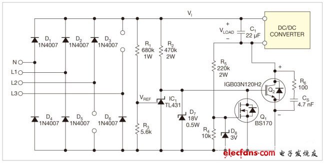 使用三相整流器和降压器制作的离线单相电源,图1,三相整流器使用了一只开关IGBT和一只电容，将电压降低到标准离线dc/dc转换器范围内。,第2张