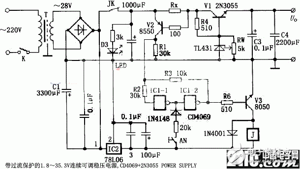 基于CD4069和2N3055的1.8～35.3V连续可调稳压电源设计,基于CD4069和2N3055的1.8～35.3V连续可调稳压电源设计,第2张
