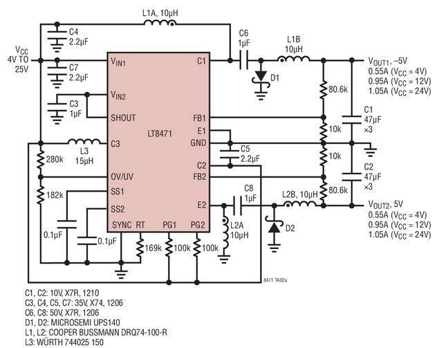 LT8471 500kHz ZETA 和两个电感器的负输出转换器产生 ±5V 输出和低输出纹波,第2张