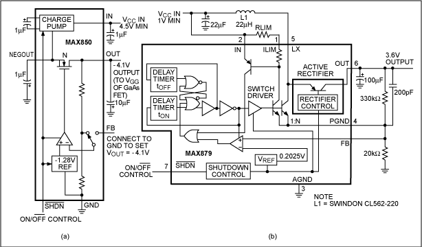 Ultra-Thin DC-DC Converters Su,Figure 6. A free-running charge-pump circuit (a) can develop negative voltages to bias a GaAs FET in a wireless PCMCIA card. A step-up/step-down converter (b) generates intermediate voltages from 3V to 5V.,第7张