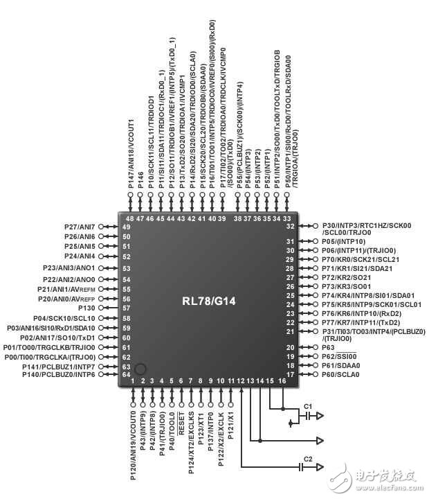 嵌入式编程之单片机的外围功能电路,图2：“RL78族（RL78/G14）”（64引脚）的电源电路连接实例,第3张